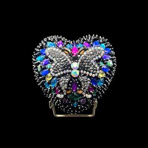 Handmade Heart Covered in Vintage Butterfly Jewelry and Rhinestones on Easel